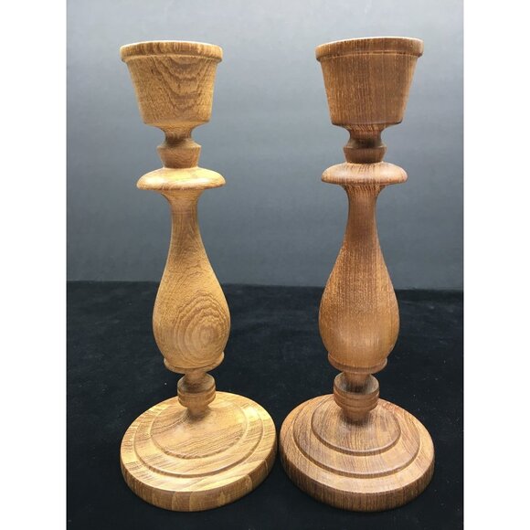 Vintage Hand Turned Wooden Candlesticks Taper Holders Two-Toned 7.5" Tall - Picture 5 of 16